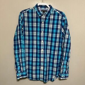 Banana Republic Mens Button Down L Turquoise Blue Plaid Tailored Slim Fit Preppy
